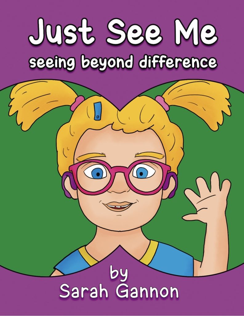 Book cover with an animated image of a blonde haired girl wearing hearing aids and glasses and waving